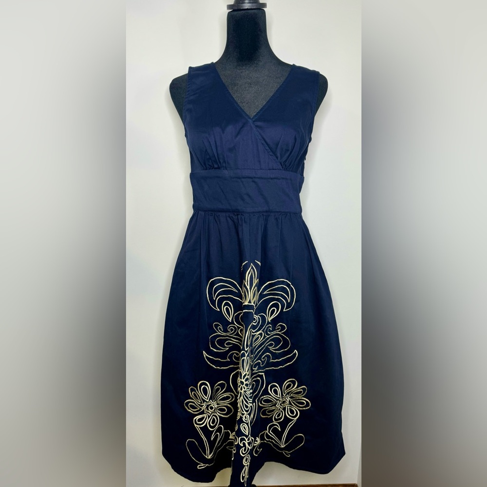 eShakit Custom Navy & Gold Embroidered Cotton/ Spandex Blend Poplin Sheath Dress